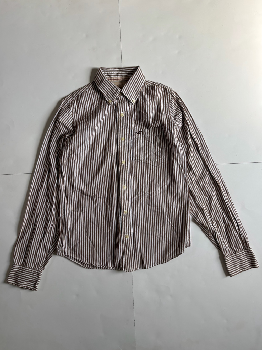 Hollister Brown and White Striped Button-Up Shirt Vintage Y2K